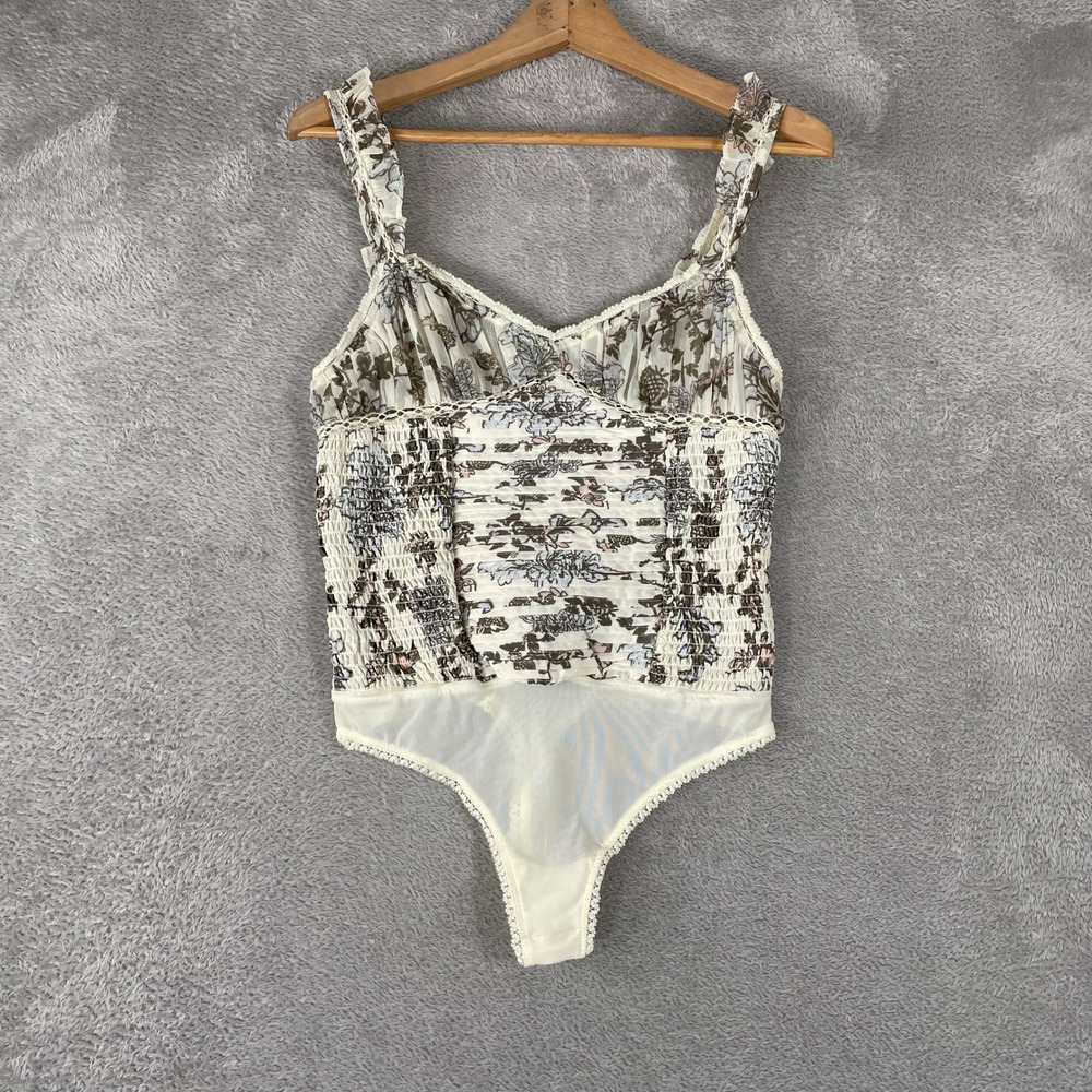 Free People Bodysuit Womens XS Ivory Floral Smocked Ruffle Boho Cottagecore